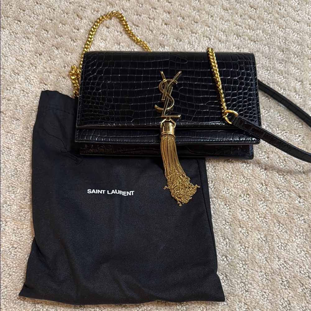 Saint Laurent Black and Gold Crossbody Bag with Iconic YSL Logo